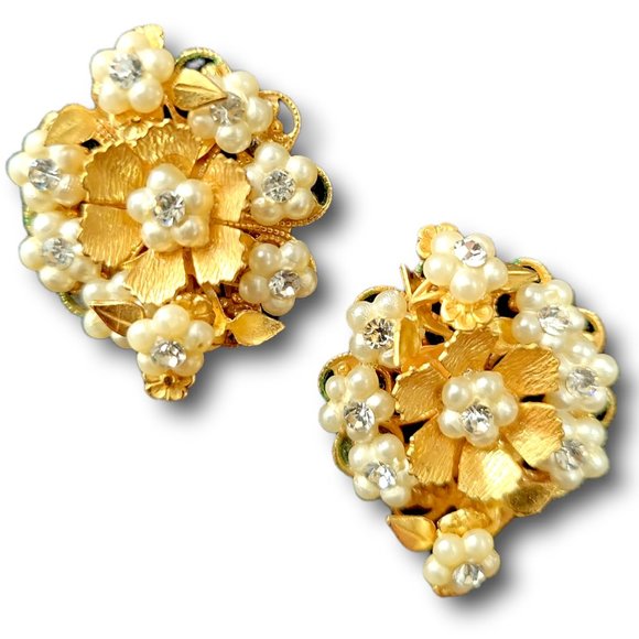 Classic Vintage 1950's Earrings Tiny Faux Pearls & Diamonds Floral Design - Picture 1 of 8